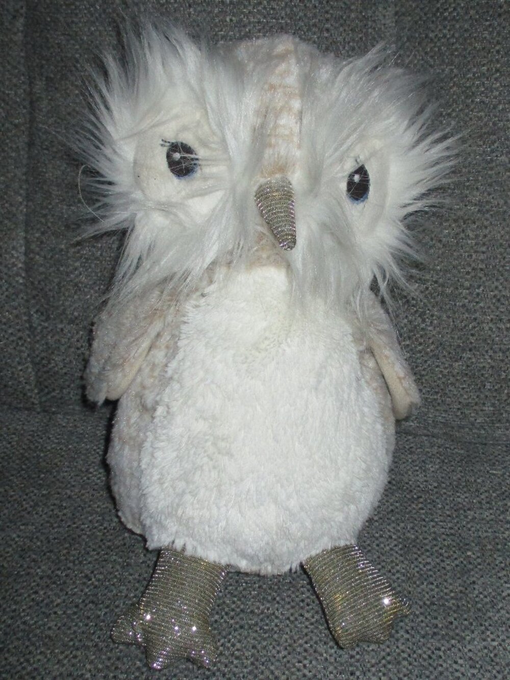 Pier 1 Imports Owl Plush Stuffed Animal Webster Ivory Beige Gold Glitter